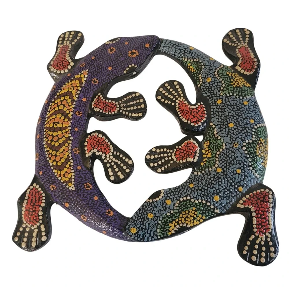 Hand Painted Carved Gecko Wall Art Decor Tribal